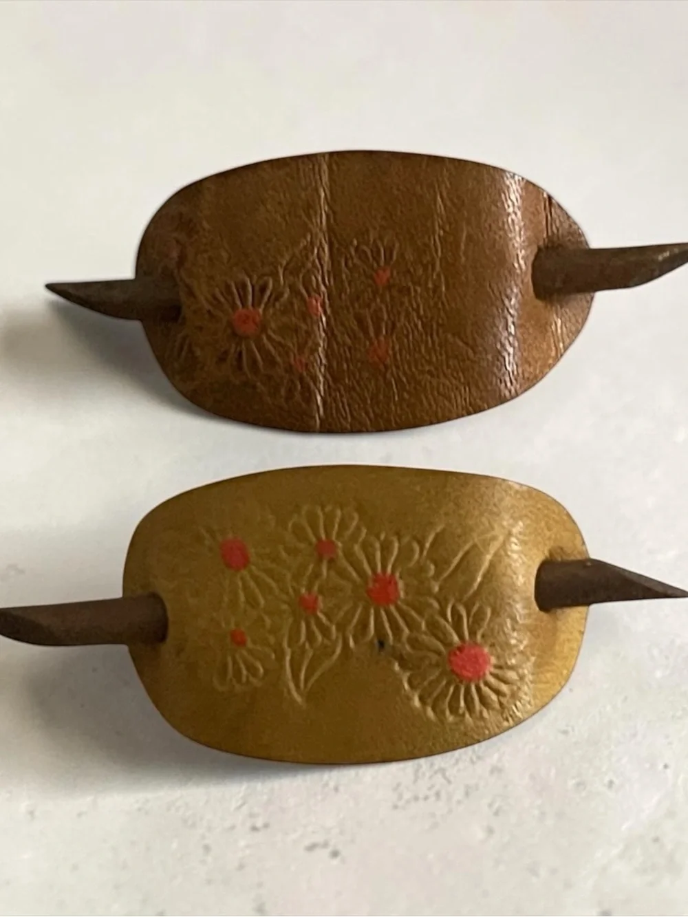 Handcrafted Floral Leather Hair Barrette - Brown and Tan